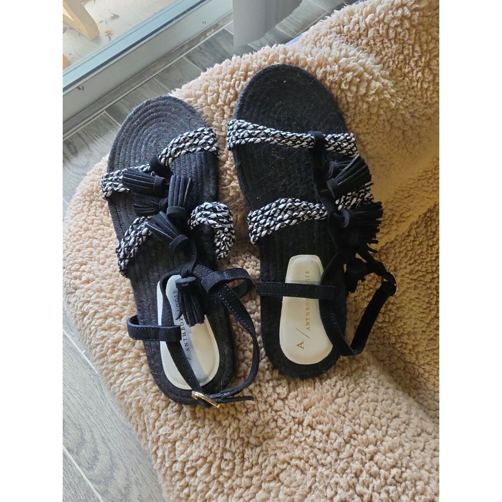NWOT Anthropologie Black Rope Tassel Ankle Strap Sandals Sz 6